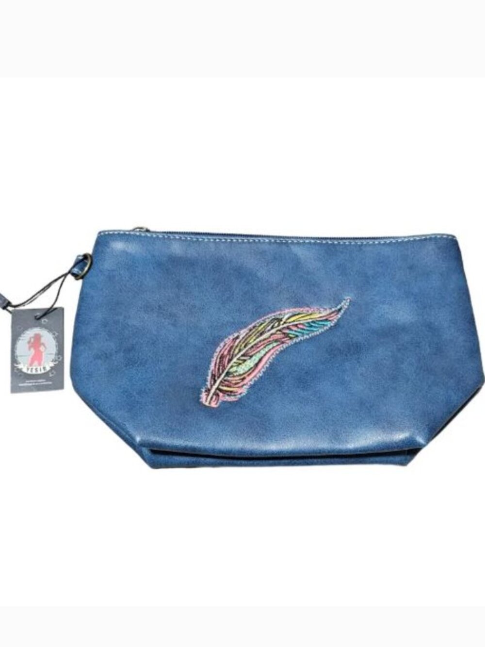 Leather Like Navy Blue Feather Makeup Bag